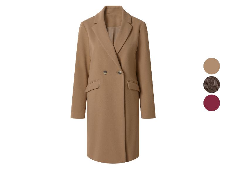 Manteau croisé camel avec boutons et poches, avec échantillons de couleur.