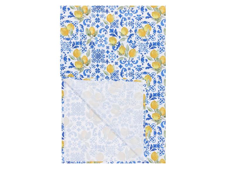 Set de table et serviette en tissu, motif citron et azulejo bleu et blanc.