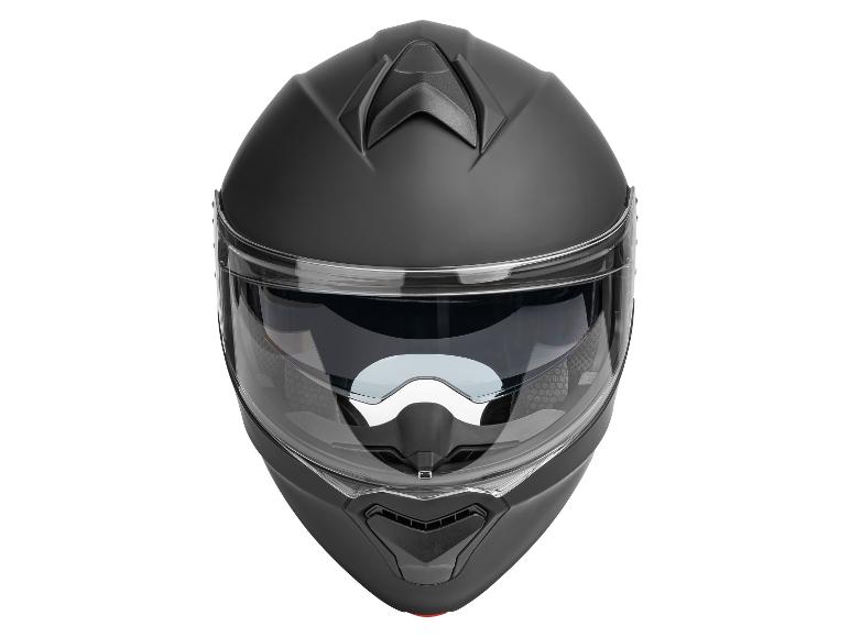 Casque de moto noir mat avec visière transparente et écran solaire intégré.