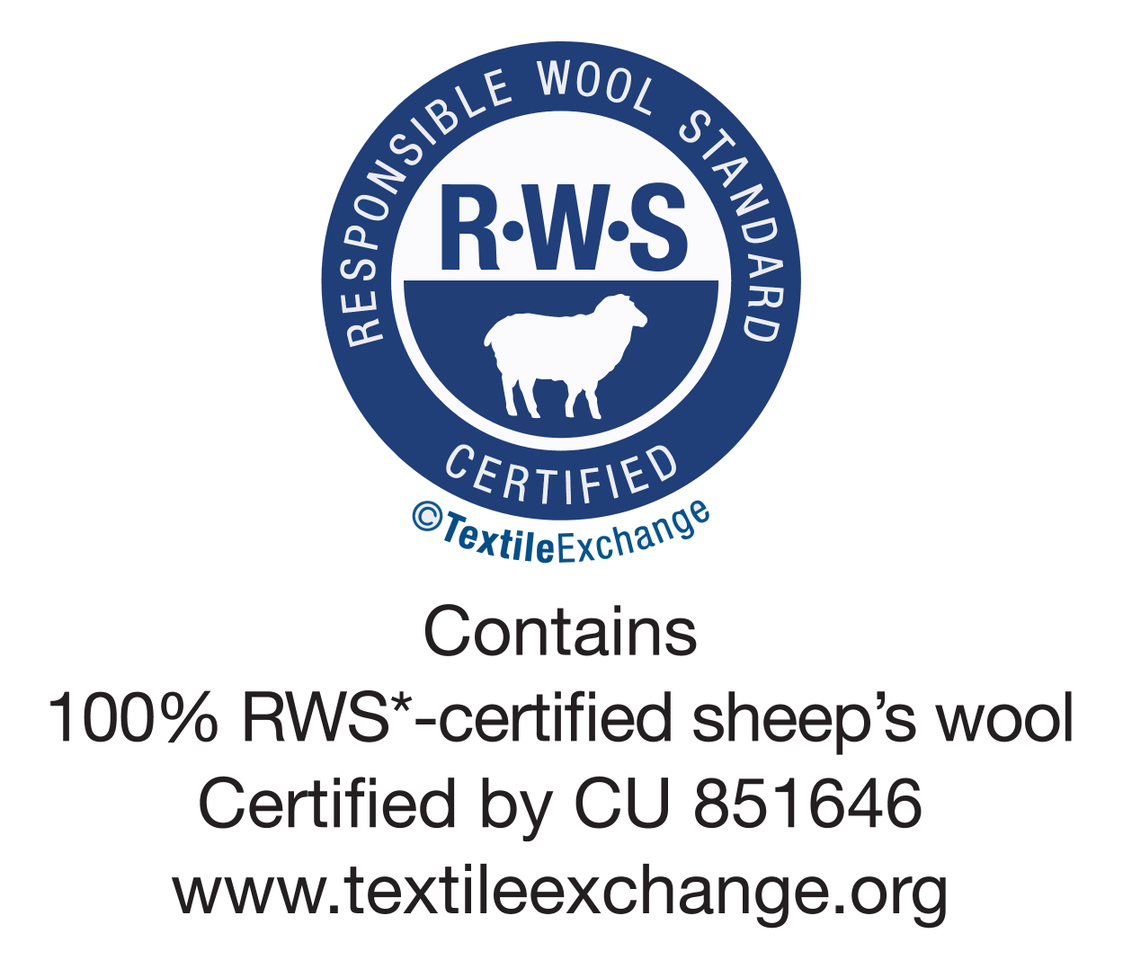 Label Responsible Wool Standard : Contient 100 % de laine de mouton certifiée RWS, certifié par CU 851646.