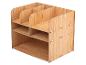 Étagère en bois à plusieurs compartiments pour le rangement de documents et de fournitures de bureau.