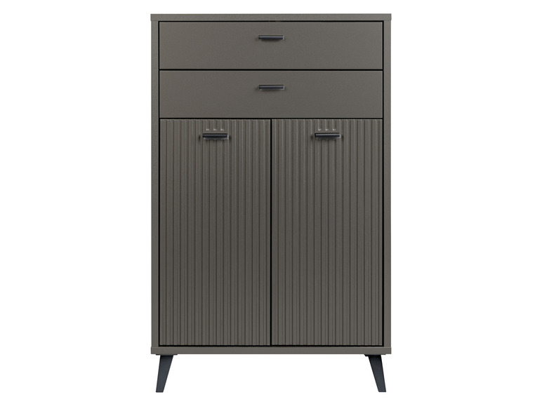 Une armoire gris foncé avec deux tiroirs et deux portes.