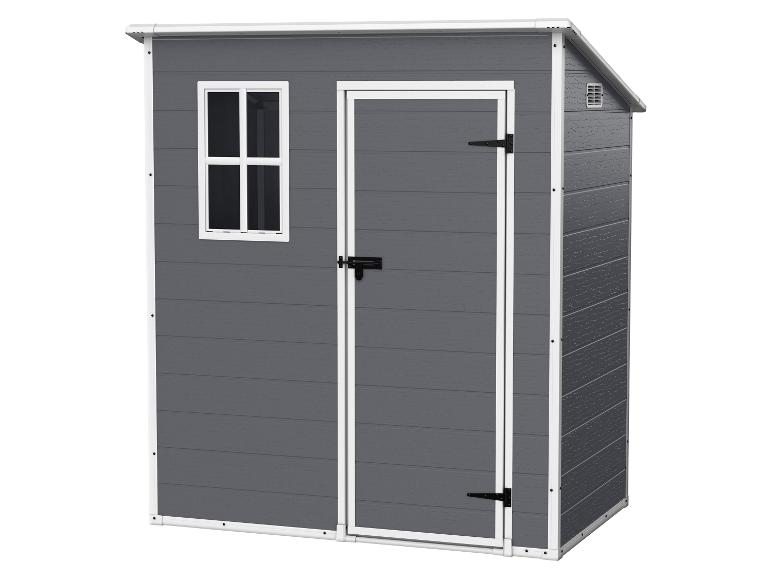 Abri de jardin gris avec fenêtre et porte blanches
