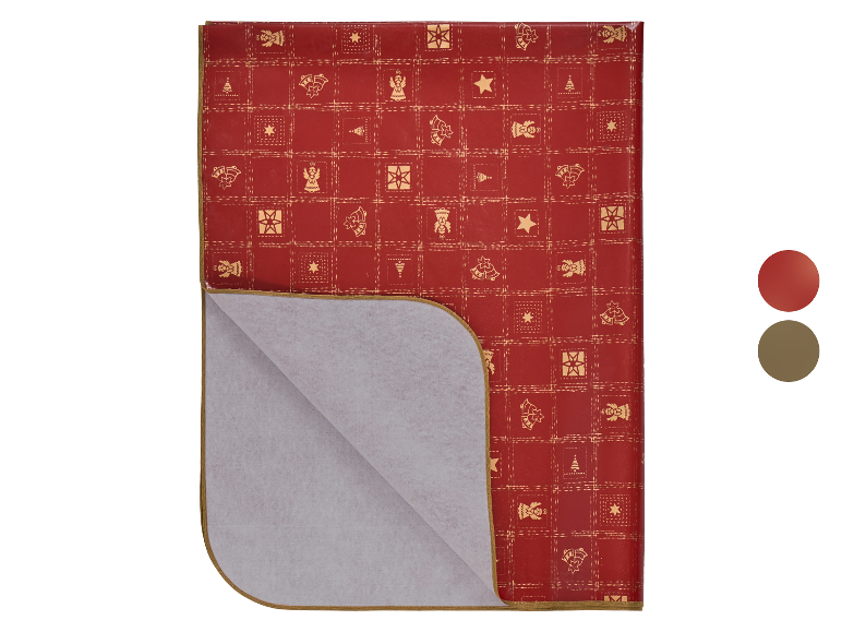 Nappe laquée festive LIVARNO® rouge avec motifs de Noël dorés, le verso est visible.