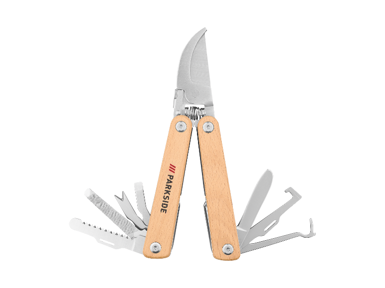 Outils de jardin multifonctions Parkside avec manches en bois.