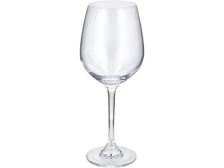 Verre à vin transparent à pied, large bol et base solide.