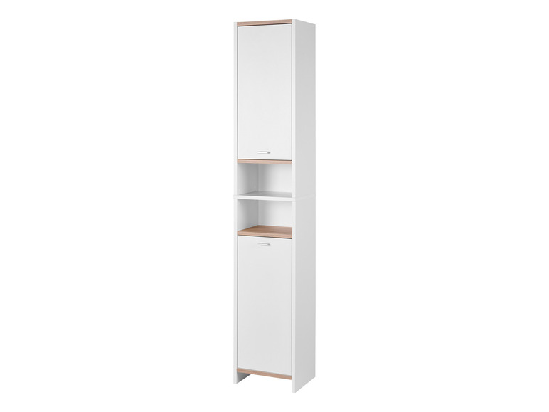 Armoire de salle de bain blanche avec une porte et un tiroir.