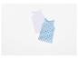 Deux débardeurs pour enfant, un blanc et un bleu clair à motifs cœurs.