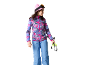 Fille en bonnet rose, lunettes de ski, veste à motifs et pantalon bleu, tenant des bâtons de ski.