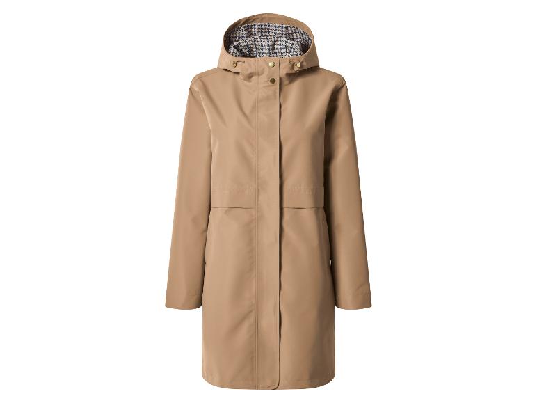 Imperméable beige pour femme avec capuche et doublure pied-de-poule.