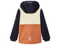 Une veste softshell bleue avec un design beige et orange.