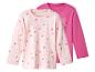 Deux t-shirts à manches longues pour enfants, un rose à cœurs et un fuchsia uni.