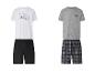 Pyjamas t-shirt et short: blanc avec motif chien, gris avec texte.