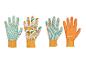Quatre paires de gants de jardinage avec un motif de fruits, des points verts et des accents orange.