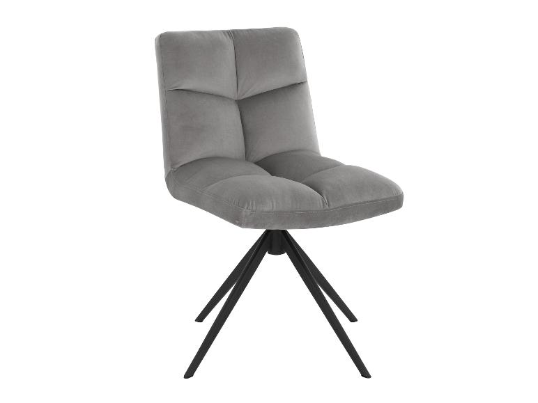 Chaise rembourrée grise avec dossier et assise matelassés sur une base en métal noir.