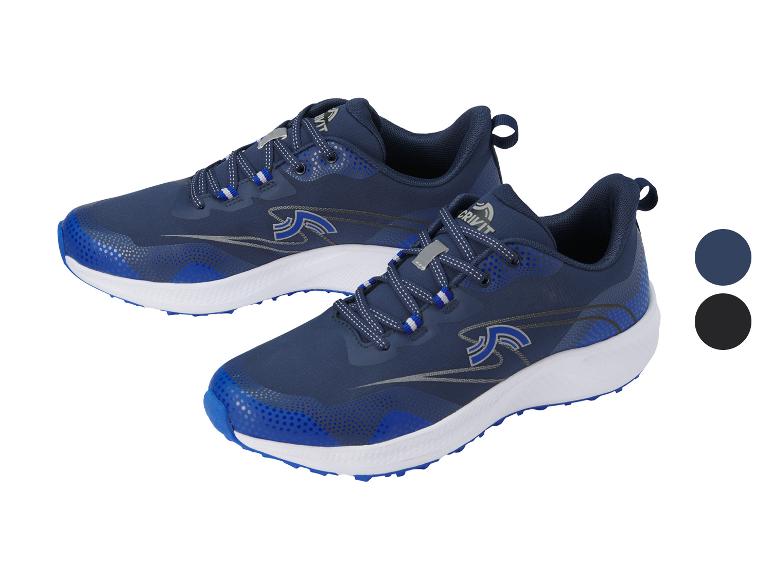 Deux chaussures de course Crivit bleu foncé avec semelles blanches et accents bleus.