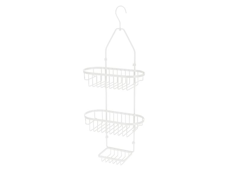 Étagère de douche en métal blanc à trois niveaux avec crochet de suspension.