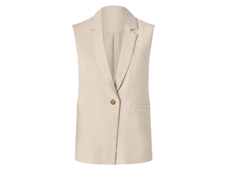 Blazer beige sans manches avec fermeture à un bouton et deux poches avant.