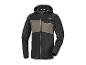 Veste softshell noire et marron à capuche, avec fermeture éclair et bande réfléchissante.