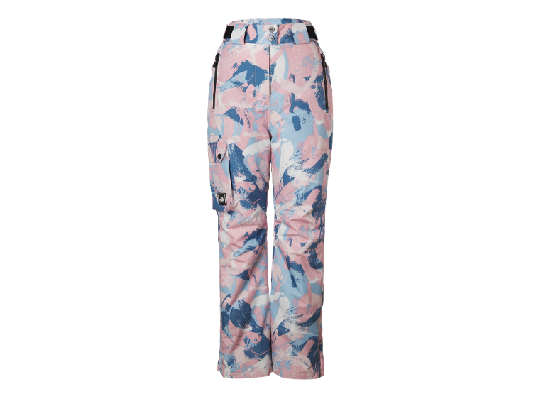 Pantalon de ski à motifs rose, bleu et blanc avec poches et fermetures éclair.
