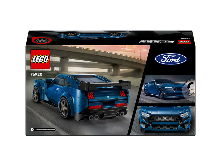 Ensemble LEGO Speed Champions avec une Ford Mustang bleue.