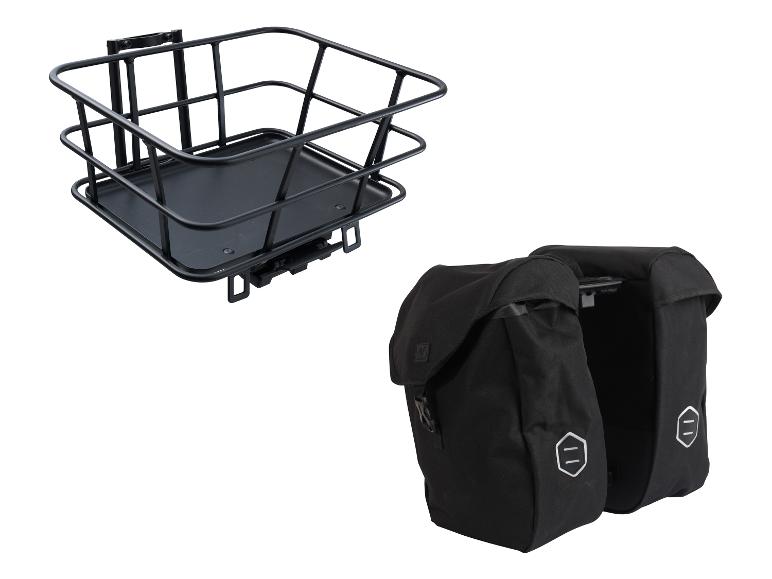 Panier de vélo noir et deux sacoches de vélo noires.