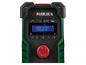 Une radio Bluetooth Parkside verte avec des commandes de volume, de source, d'avance rapide, de retour en arrière et de préréglages.