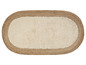 Tapis rond avec une surface en peluche beige et une bordure en jute.