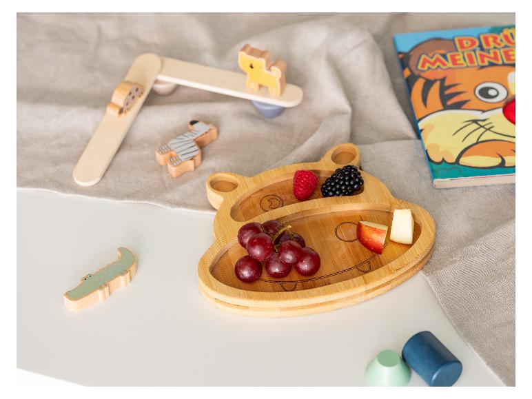 Bambou assiette enfant, fruits, jouets animaux en bois.
