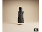 Long gilet matelassé gris avec capuche sur fond beige.