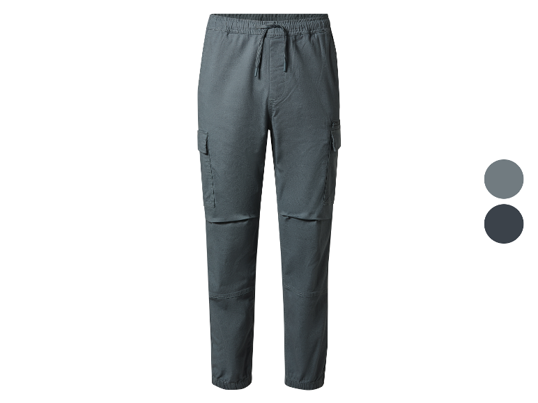 Pantalons cargo gris avec cordon, disponibles en deux teintes.
