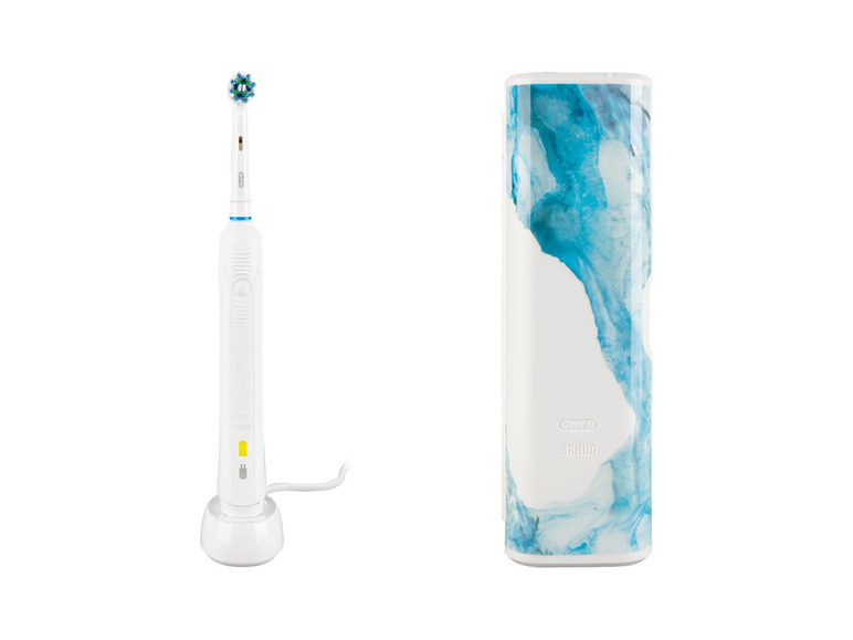 Une brosse à dents électrique Oral-B avec station de charge et design aquatique.