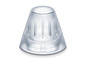 Un embout en plastique transparent, conique, pour un appareil auditif.