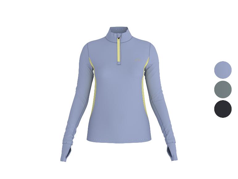 Haut thermique fonctionnel femme CRIVIT, bleu clair avec fermeture éclair et empiècements jaunes.
