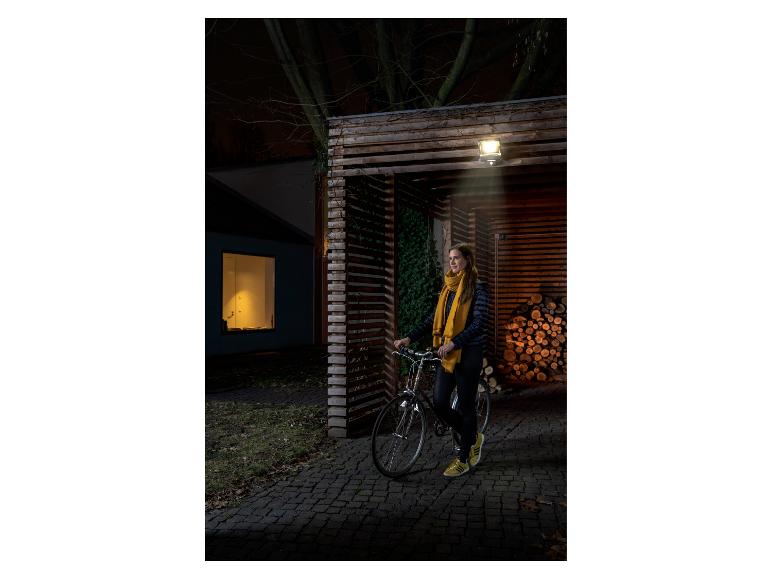 Femme avec un vélo sous une lampe extérieure près d'un abri en bois avec du bois de chauffage.