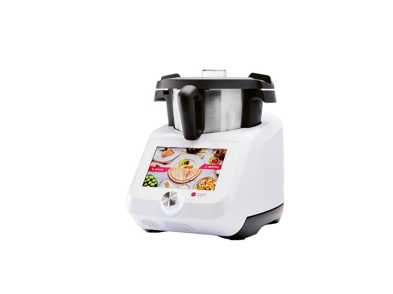 Robot de cuisine intelligent blanc avec écran affichant des images de plats et des options de recettes