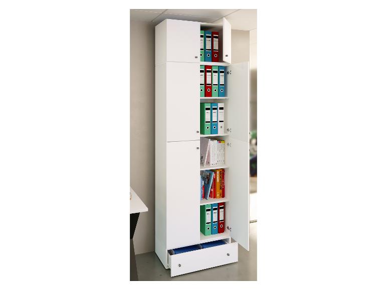 Armoire de bureau blanche avec classeurs colorés et livres, avec un tiroir ouvert.