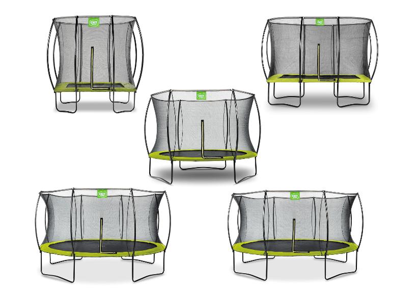 Cinq trampolines avec filet de sécurité et bordure vert lime sur fond blanc.