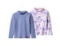 Deux t-shirts à col montant pour enfants, un bleu uni et un blanc à imprimé animal.