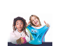 Deux enfants jouant avec du slime coloré, affichant une expression surprise et joyeuse.