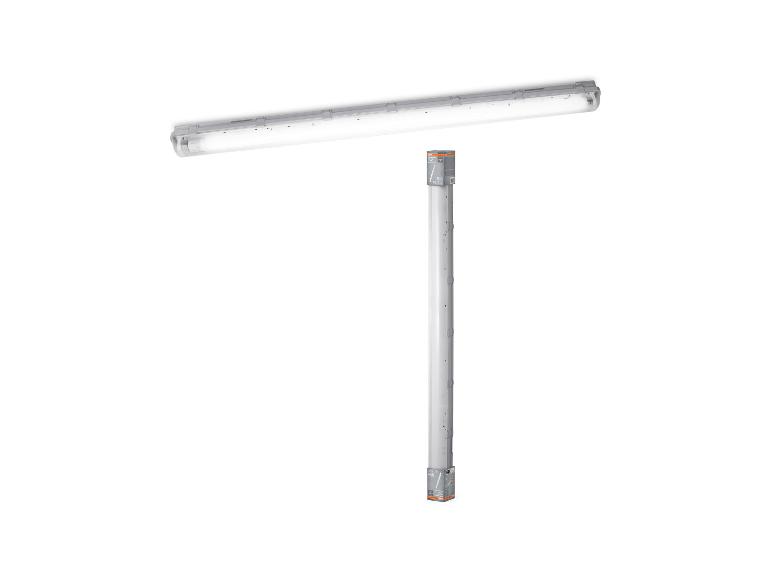 Deux luminaires LED blancs, un horizontal et un vertical.