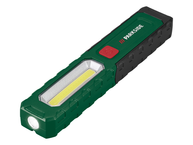 Lampe de travail LED verte et noire avec bouton rouge et éclairage latéral