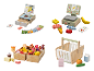 Ensemble de jouets de supermarché en bois avec caisse enregistreuse, balance, nourriture et panier.