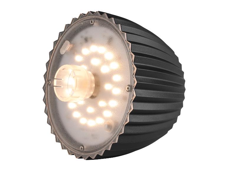 Projecteur LED avec corps noir nervuré et couvercle transparent abritant de nombreuses LED.
