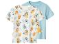 Deux t-shirts pour enfants, un blanc à motif Bluey & Bingo, un bleu clair uni.