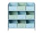 Étagère de rangement avec 9 boîtes en tissu aux tons pastel bleus et verts