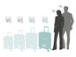 Quatre valises de tailles différentes étiquetées S, M, L, XL et une silhouette d'homme et de femme pour référence de taille.
