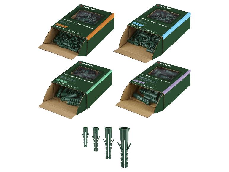 Quatre boîtes de chevilles de différentes tailles (5x25mm, 6x30mm, 8x40mm, 10x50mm) avec des chevilles en vrac.