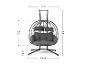 Fauteuil suspendu gris avec coussins et dimensions : 197 cm de haut, 130 cm de large, 127 cm de profondeur.