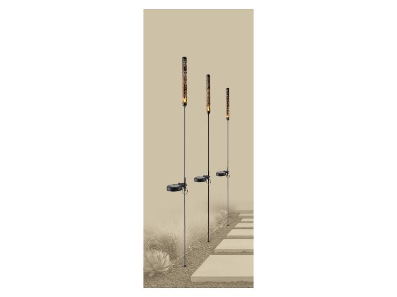 Lampes solaires de jardin design torche éclairant un chemin de dalles.